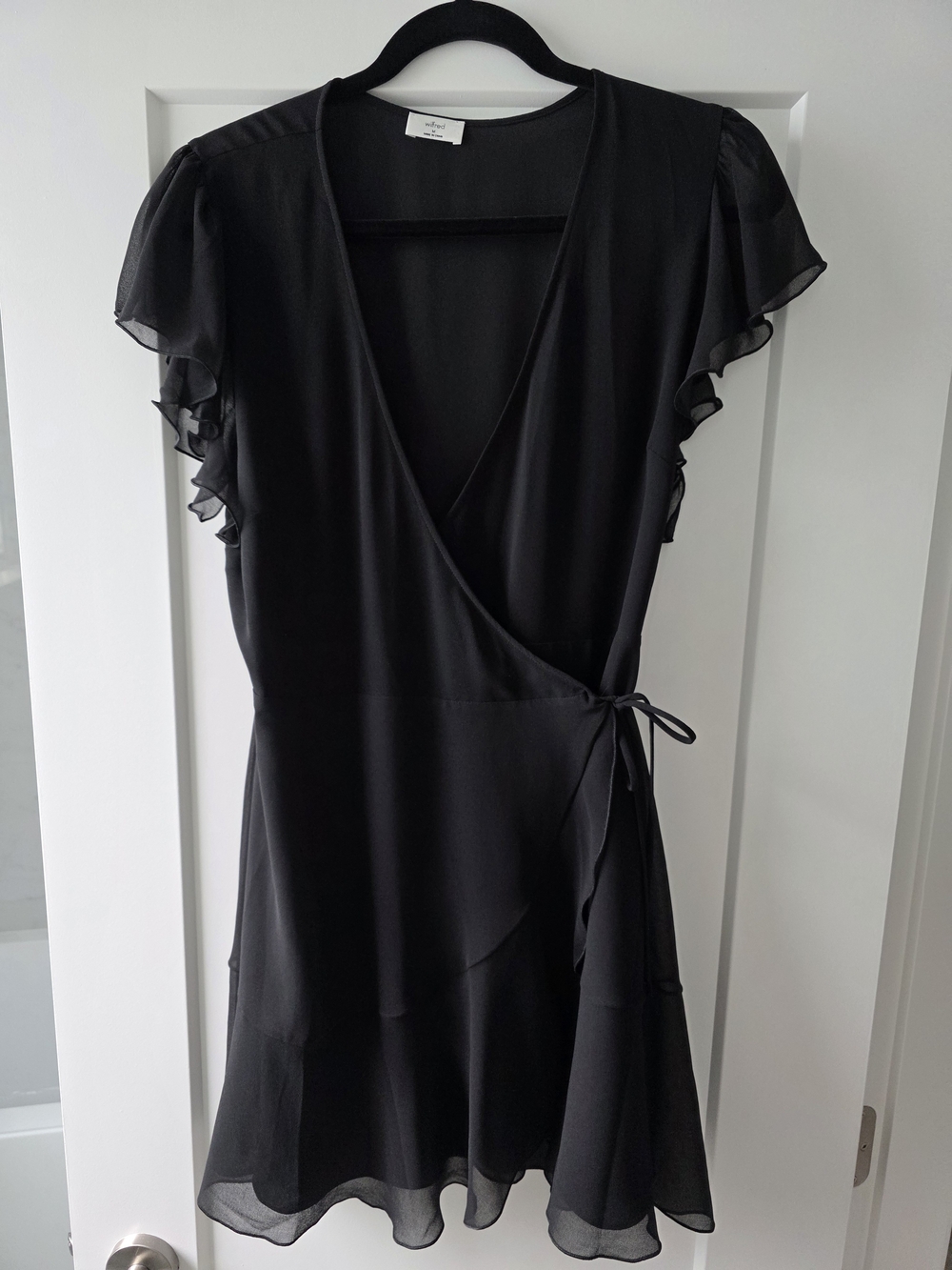 Aritzia Black Wrap Mini Dress with Flutter Sleeves